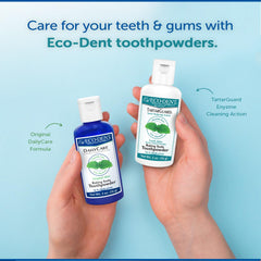 2 oz jar of Eco-Dent TartarGuard toothpowder beside a toothbrush