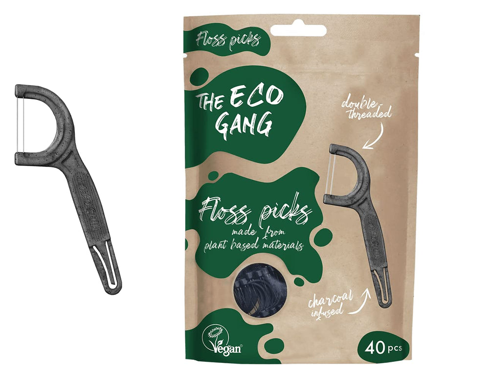 The Eco Gang vegan floss picks made from plant-based materials with mint flavor and charcoal