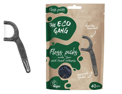 The Eco Gang vegan floss picks made from plant-based materials with mint flavor and charcoal
