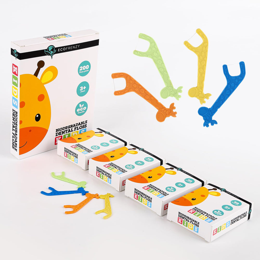 EcoFrenzy Kids Floss Picks 200-count package showing 4 packs of 50