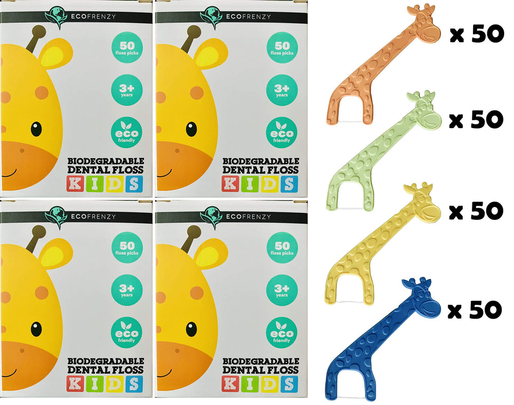 Kids flossing with EcoFrenzy floss picks (usage illustration)