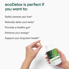 EcoNugenics ecoDetox label closeup reinforces vegan, non-GMO, GMP-quality manufacturing.
