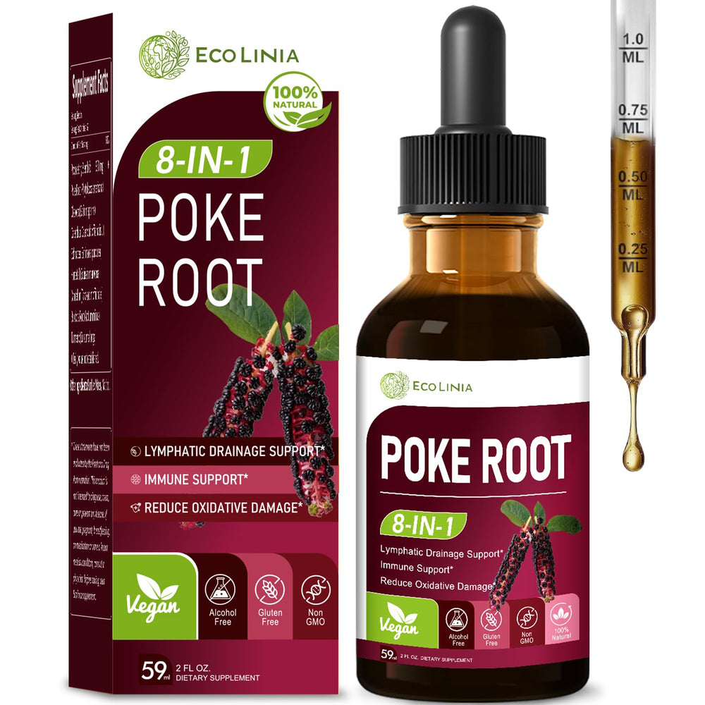 Bottle of ECOLINIA Poke Root Drops highlighting lymphatic drainage and immunity benefits