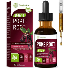 Bottle of ECOLINIA Poke Root Drops highlighting lymphatic drainage and immunity benefits