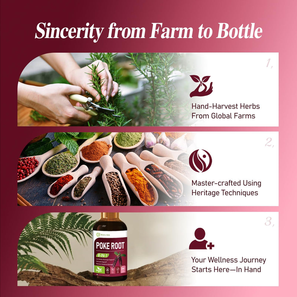 Usage guide showing 1 ml serving for ECOLINIA Poke Root Drops