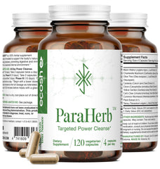 Ecosh ParaHerb bottle front view showing easy-to-swallow vegan capsules for gut support