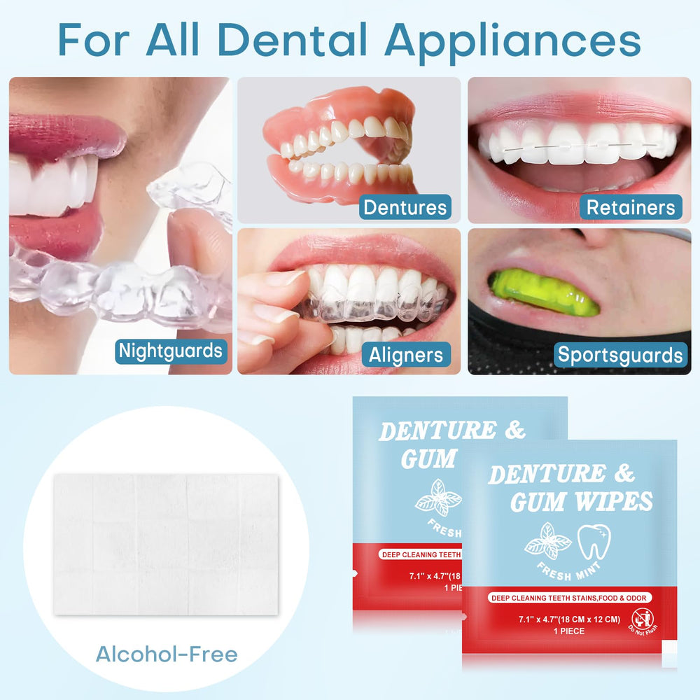 Wipes cleaning dentures, teeth and gums