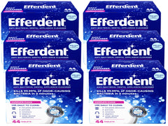 Assorted Efferdent denture cleaner imagery showing use and results