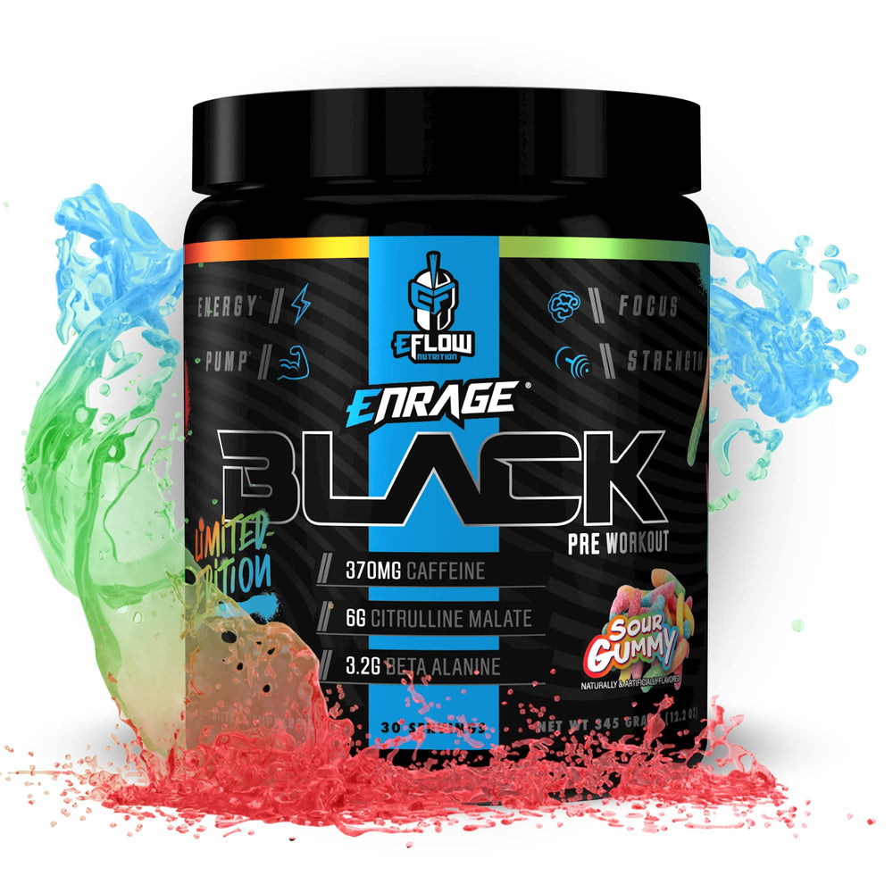 EFLOW Enrage Black tub front highlighting high-stimulant pre-workout for focus