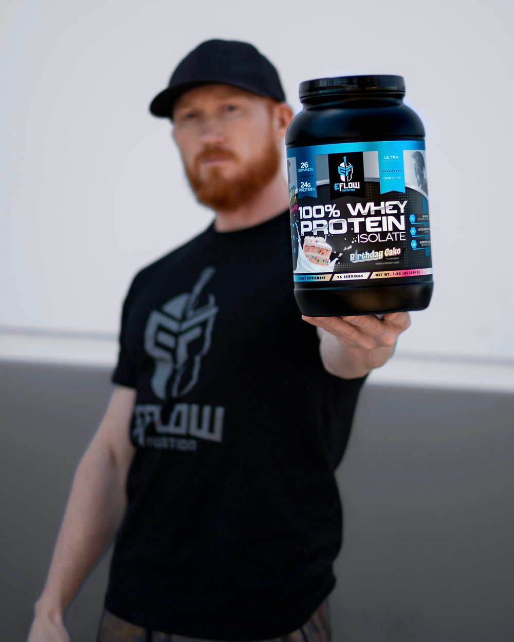 eflow nutrition birthday cake whey isolate mixing-glass shows smooth, instant-blend shake