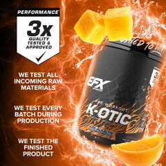 Scoop of K-OTIC powder beside bottle – Orange Mango