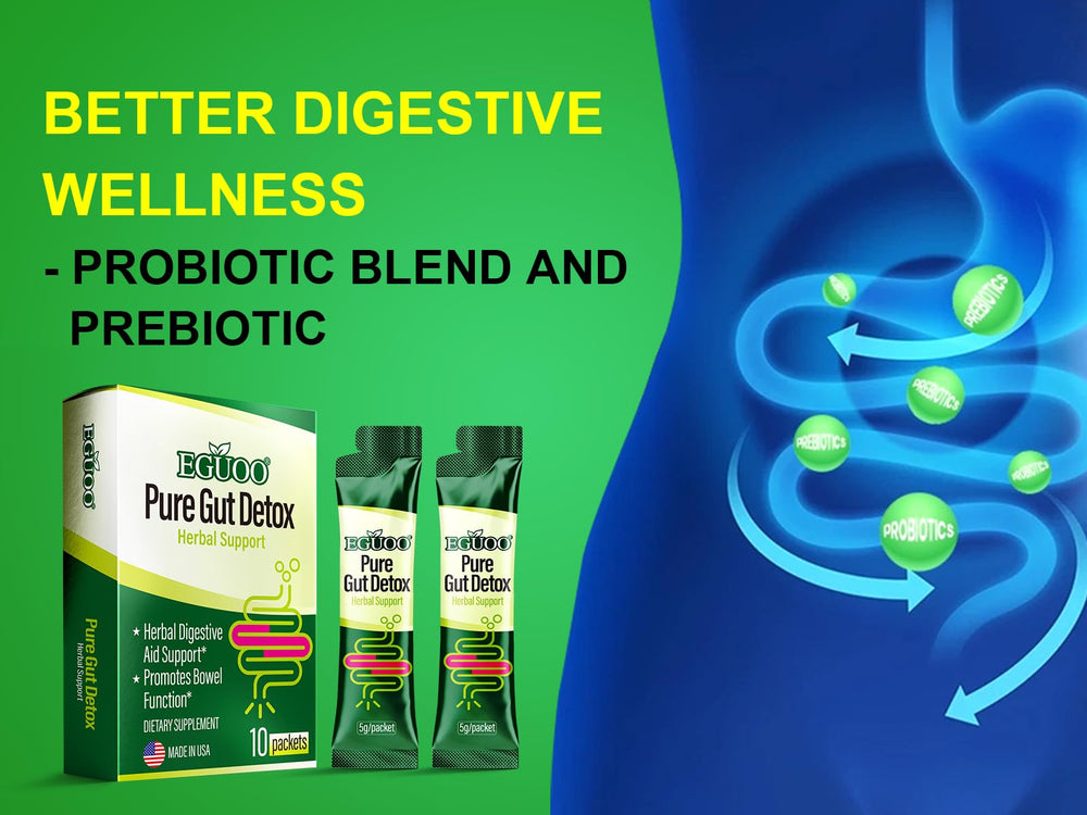 EGUOO Pure Gut Detox bottle dispense demonstrates easy daily serving and convenience.