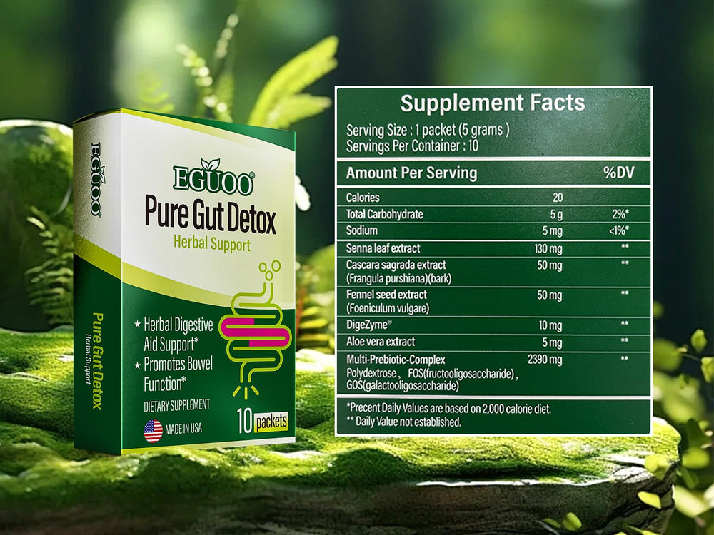 EGUOO Pure Gut Detox probiotic blend supports friendly gut microflora.