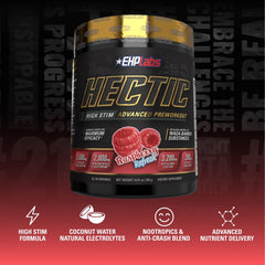 EHP Labs Hectic Raspberry Refresh tub showcases premium pre-workout formula for athletes.