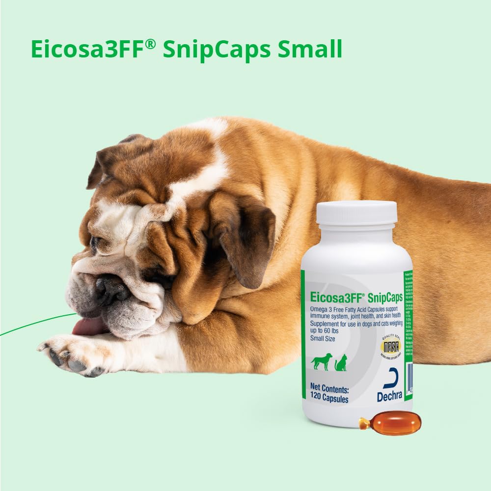 120 count bottle packaging of Eicosa3FF SnipCaps for dogs and cats