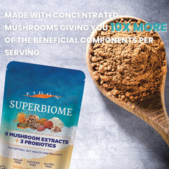 Mushroom powder blend for SuperBiome in a scoop