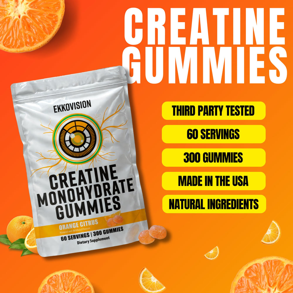 Serving dosage illustration for Ekkovision gummies showing 5g creatine per serving