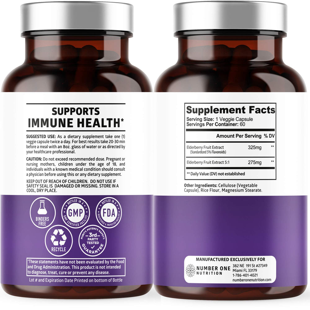 Elderberry capsules label with ingredients and non-GMO claims