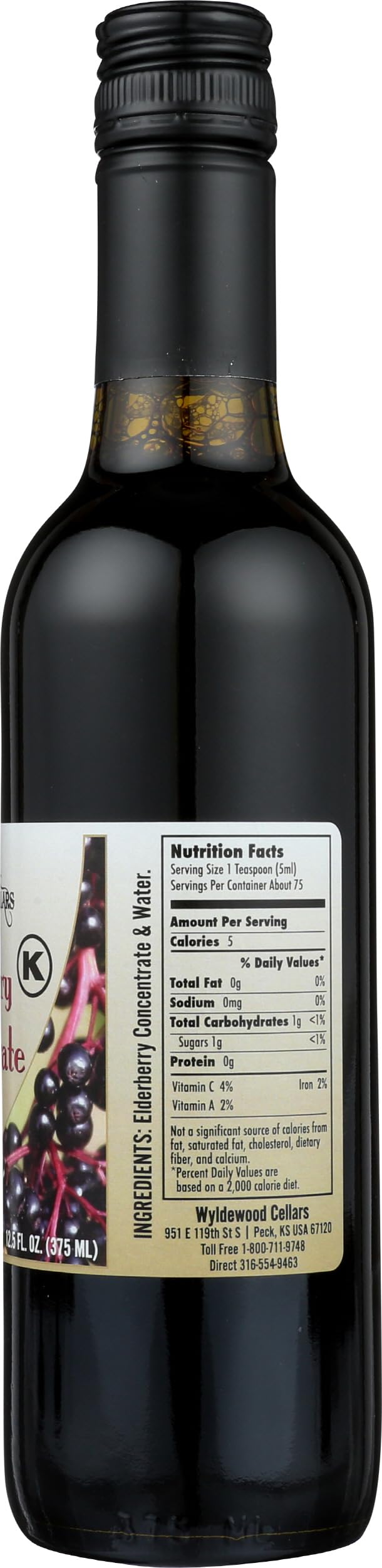 Non-GMO, pesticide-free, gluten-free certification on elderberry concentrate packaging
