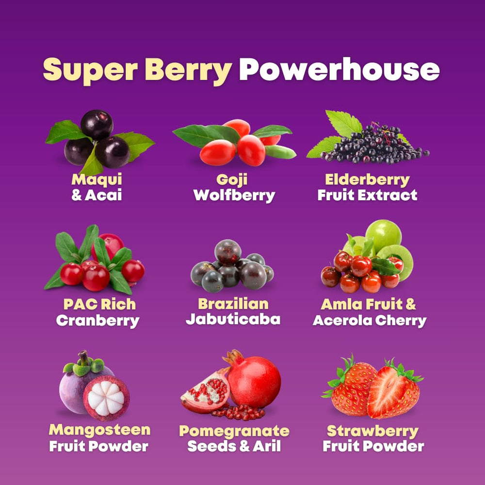 Ingredients: elderberry, cranberry, pomegranate and acai among berries