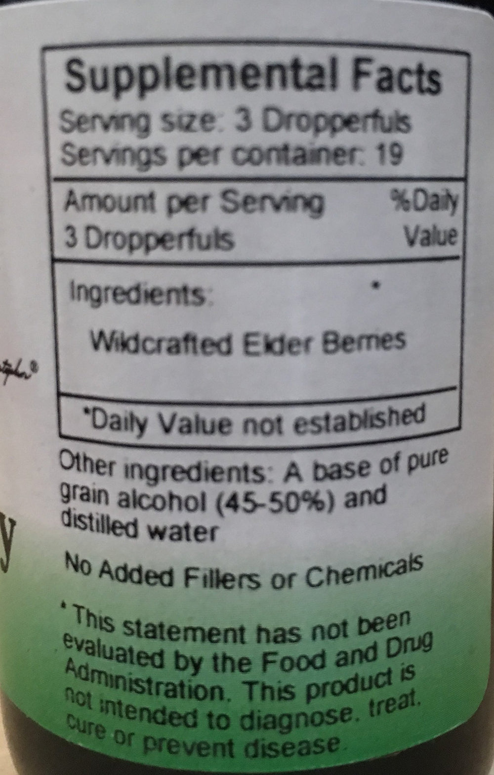 Close-up of Dr. Christopher Elderberry Extract 2 oz label