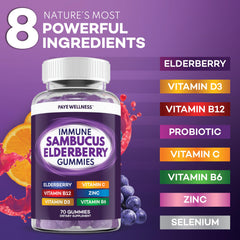 Ingredients label showing elderberry, vitamins, zinc, and probiotics