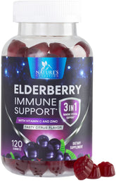 Label on elderberry gummies bottle showing Vitamin C, D3 and Zinc