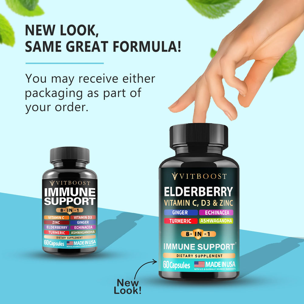 Capsules displayed with elderberry, vitamin C and zinc ingredients