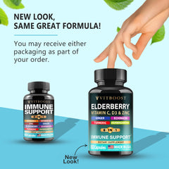 Capsules displayed with elderberry, vitamin C and zinc ingredients