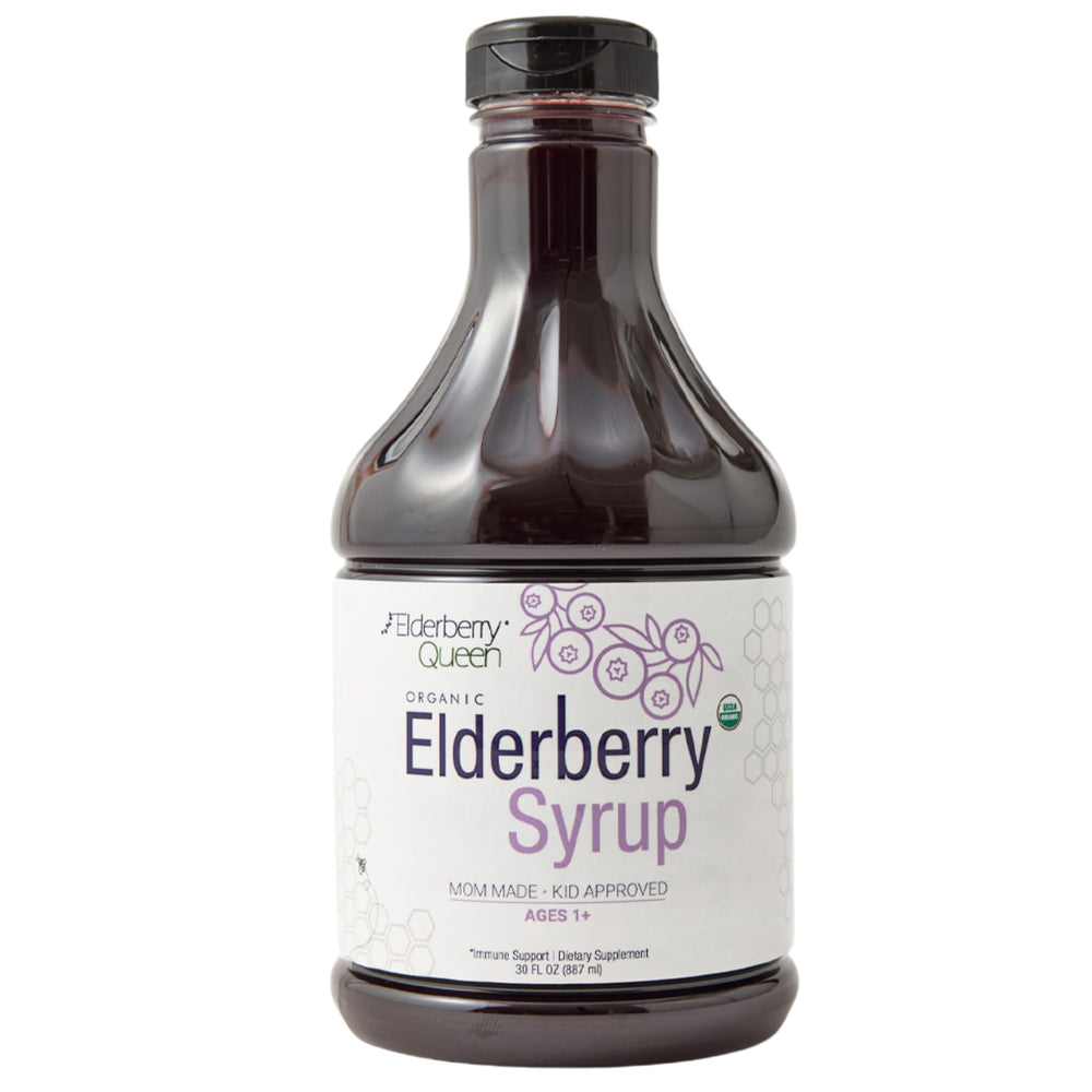 Front view of Elderberry Queen Organic Elderberry Syrup 30 oz bottle