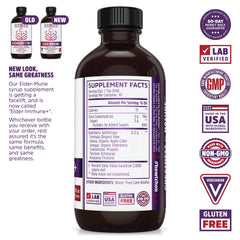 Close-up of elderberry syrup with honey and label