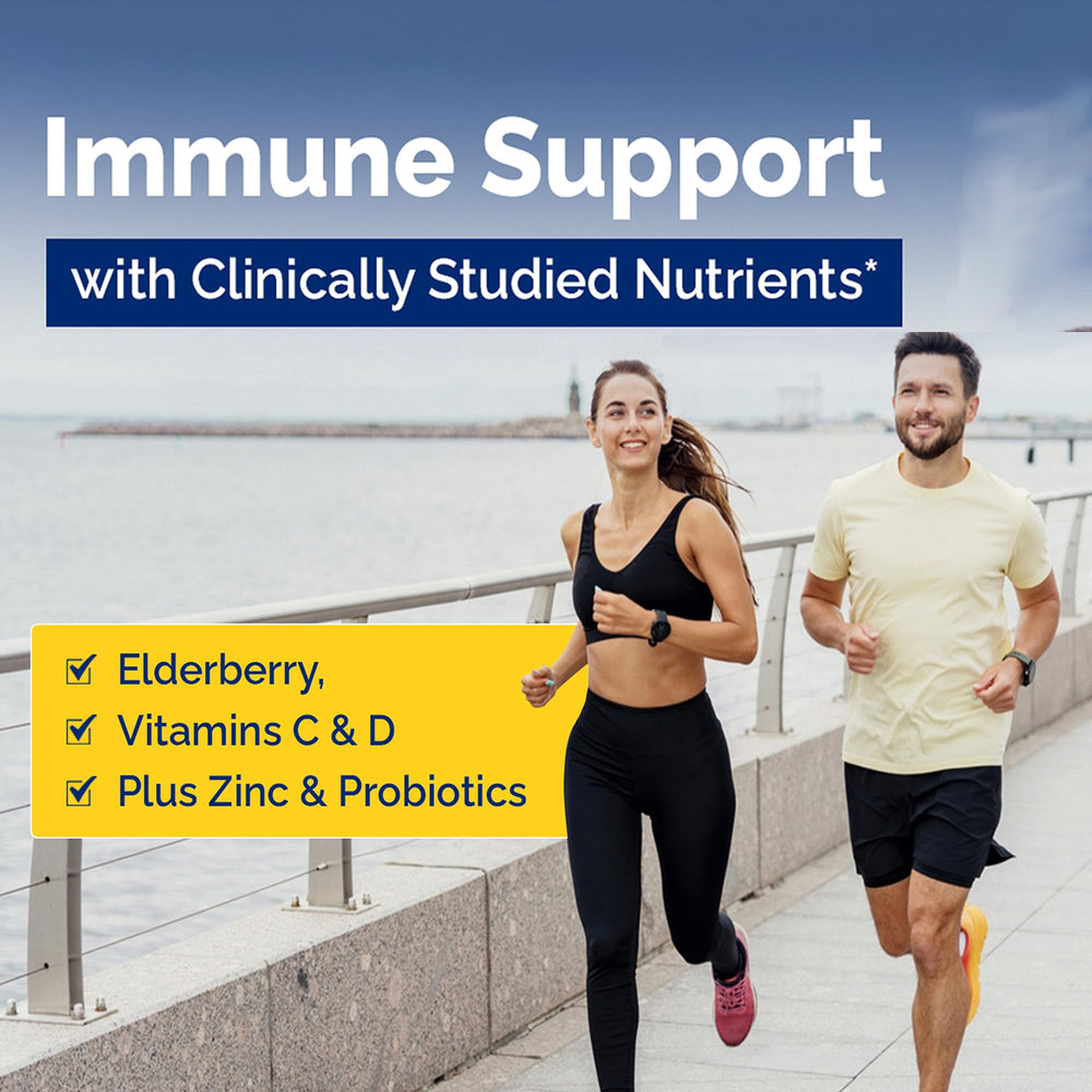 Immune support ingredients featuring elderberry, vitamin C, zinc and vitamin D3 2000 IU