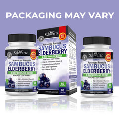 Close-up of elderberry, zinc and vitamin C ingredients on label