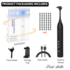 Packaging contents: flosser, 60 floss heads, storage tray, data cable
