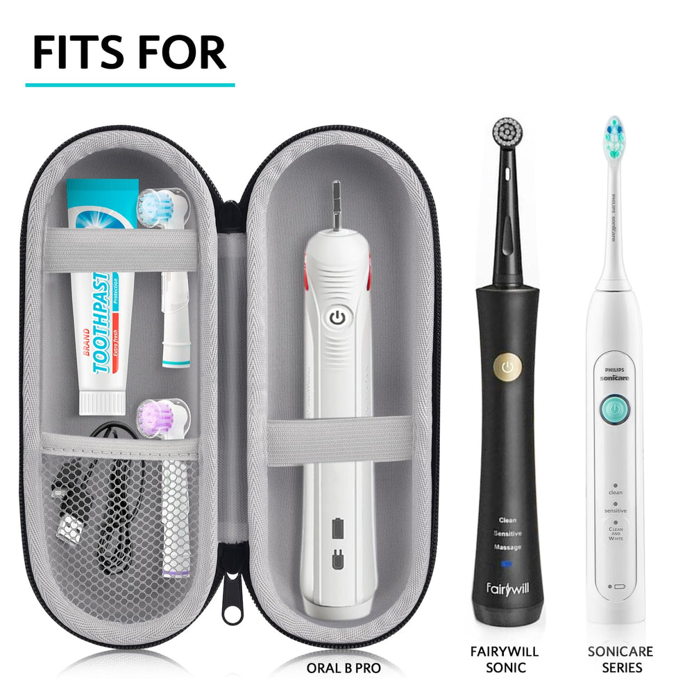 Open case showing built in compartments for toothbrush heads and charging base
