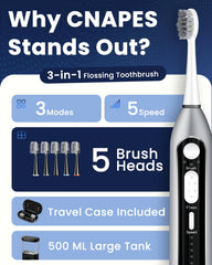What’s in the box: toothbrush, reservoir, heads, manual, storage case, plug