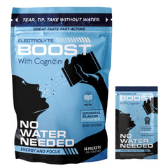 Electrolyte Boost packets melt on tongue for quick hydration on the go