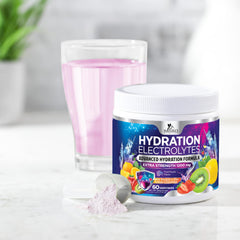 Fruit-flavored electrolyte supplement in tub with 60 servings.