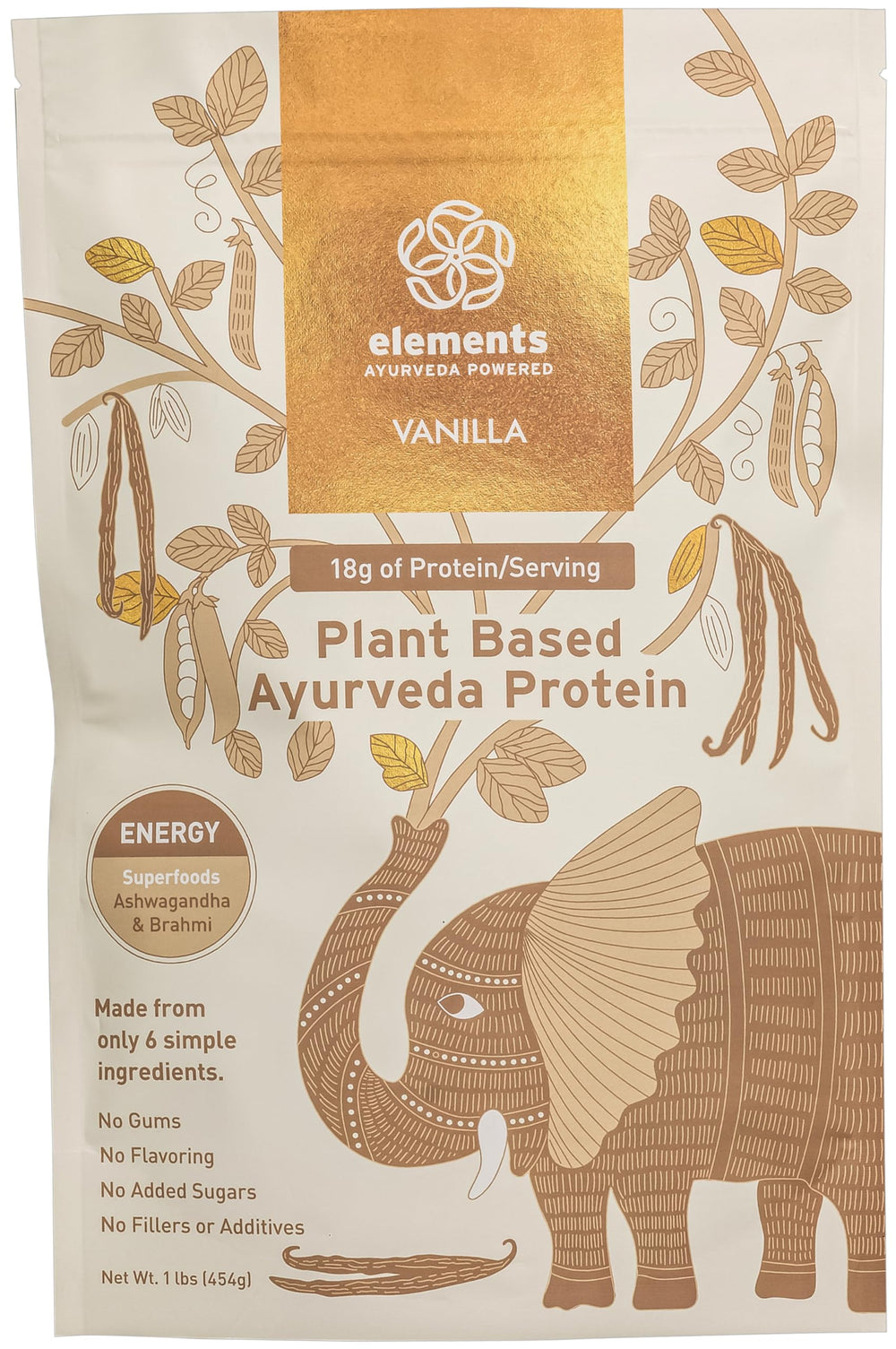 Elements Truffles vanilla protein powder tub shown for meals and shakes.