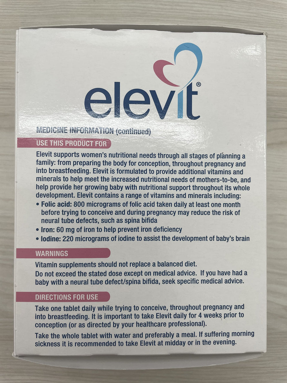 Close-up of Elevit TAB with Iodine tablets