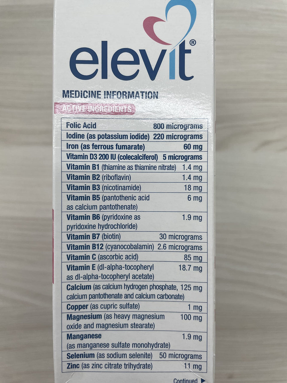 Boxed Elevit TAB with Iodine showing label details