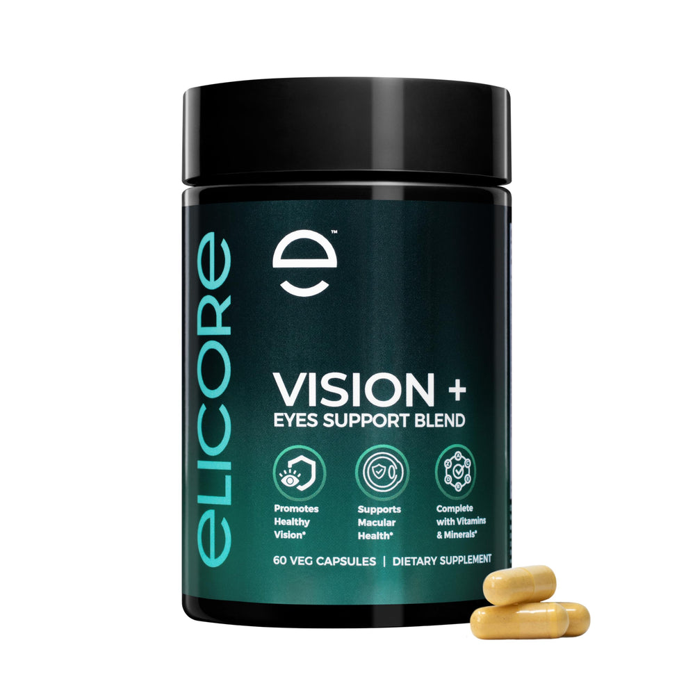 ELICORE Vision+ Eye Support Blend bottle and packaging on white background