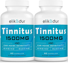 Elikadur Tinnitus 1500 mg supplement bottle and capsules on white background