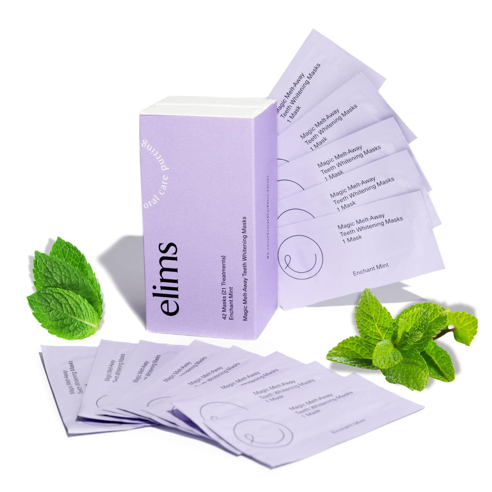 Hero image showing ELIMS Teeth Whitening Strips with 21 treatments and 42 strips