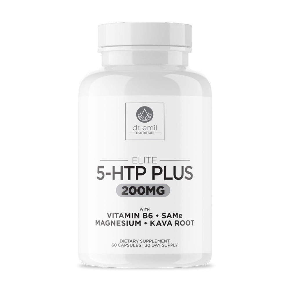 Front view of Elite 5HTP Plus bottle highlighting Kava, Magnesium, SAM-e and 60 capsules