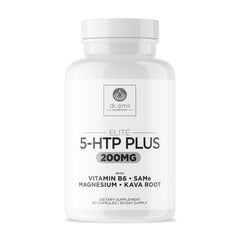 Front view of Elite 5HTP Plus bottle highlighting Kava, Magnesium, SAM-e and 60 capsules