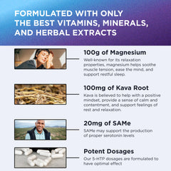 Graphic highlighting ingredients 200 mg 5-HTP, Kava Root Extract, SAM-e