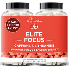 Bottle of Elite Caffeine Pills with L-Theanine on white background