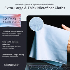 Blue microfiber cleaning cloths laid out, 12x12 inch, pack of 12 — spread layout