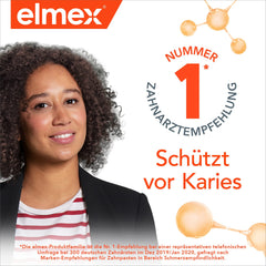 Label showing fluoride protection on Elmex bottle